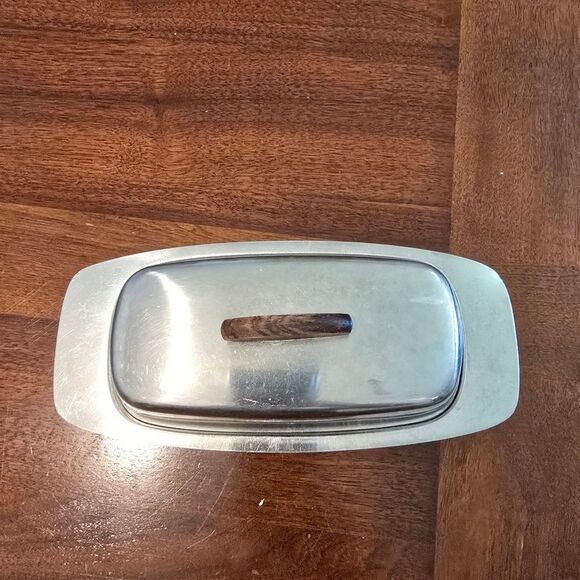 Vintage Stainless Silver Butter Dish with Wooden Handle - Picture 3 of 9
